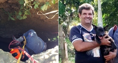 Bombeiros resgatam cachorra que caiu em fenda de 8 metros de profundidade na região