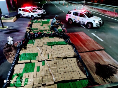 Polícia Rodoviária encontra mais de 1 tonelada de maconha em fundo falso de caminhão em rodovia da região