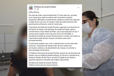 Prefeitura de Lençóis Paulista suspende vacinação de crianças por 7 dias após menina de 10 anos sofrer parada cardíaca 