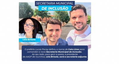 Prefeito Lucas Pocay anuncia Caio Lima como Secretário e Léia da AADF como Secretária Adjunta, na recém criada Secretaria de Inclusão