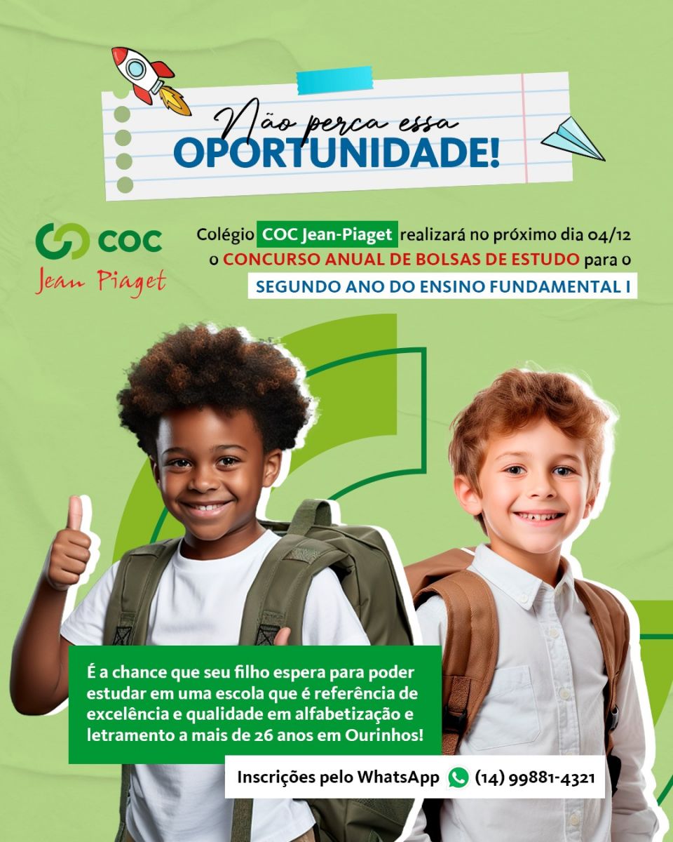 Colégio COC Jean Piaget de Ourinhos lança concurso de bolsas para o 2º ano  do Ensino Fundamental I